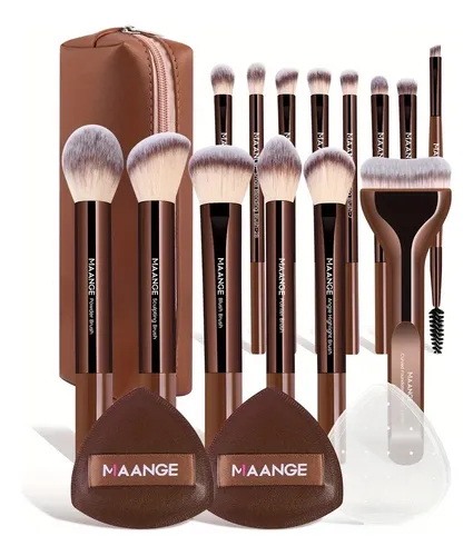 14 Pinceles De Maquillaje, 2 Esponjas De Maquillaje Con Almo Marrón