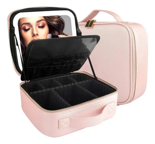 Maletín Para Maquillajes Con Luz Y Espejo Con Aumento 10x Color Rosa