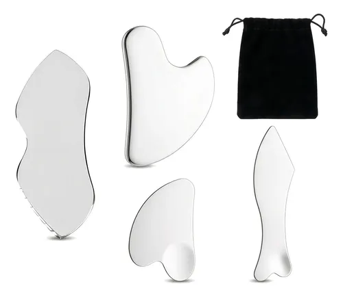 ~ Set 4 Gua Sha Facial De Acero Inoxidable Con Estuche Todo