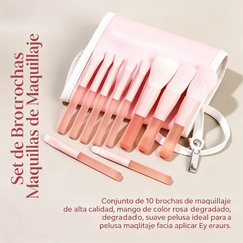 Set 10 Brochas De Maquillaje Suaves Color Rosa Con Estuche