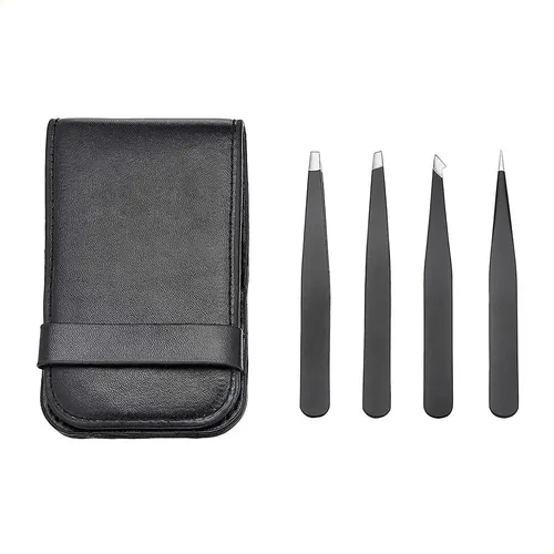 Pinzas Para Cejas 4pz, Set Con Estuche Viaje Negro