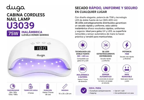 Cabina Para Uñas Semi Inalámbrica recargable 75 W Duga 36 luces LED U3039 Blanco