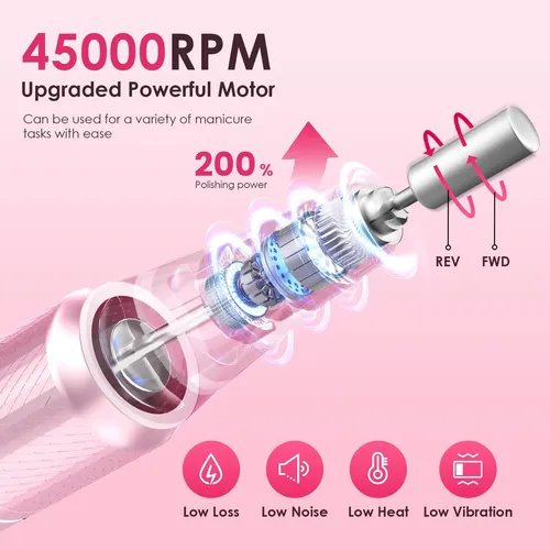 Taladro Eléctrico Para Uñas Helivive, 45000 Rpm, Portátil, R Rosa