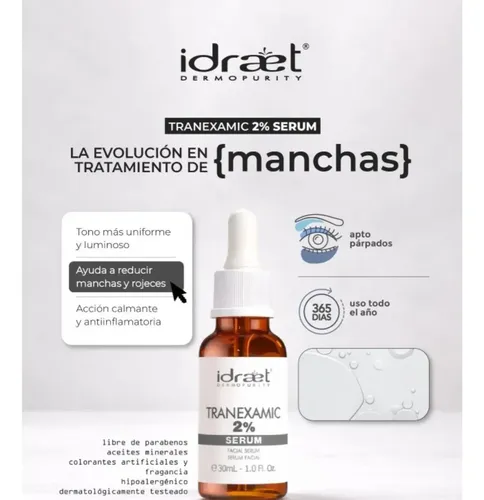 Serum Tranexamic 2 Porct Idraet Aclara Manchas Ojeras 30ml Todo Tipo De Piel Día/noche