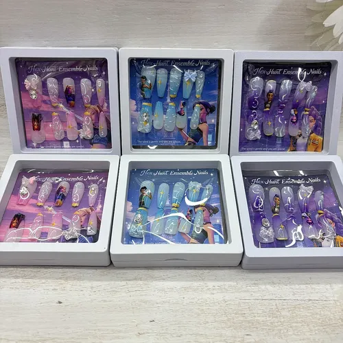 3 Boxes Of Kpop Nail Patch Girls Wear Nail Patches [one Box Each Of Purple + Pink + Blue]