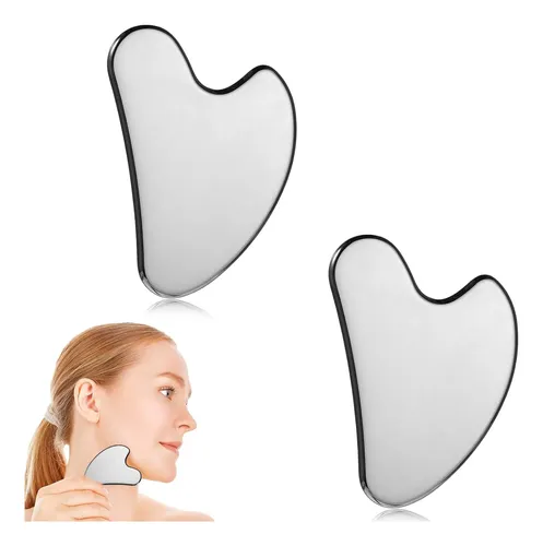 Set 2 Gua Sha Metal Plateado Para Masaje Facial Y Corporal