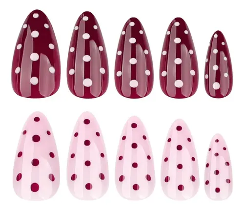Uñas Artificiales En Tono Albaricoque Con Lunares Rojos.