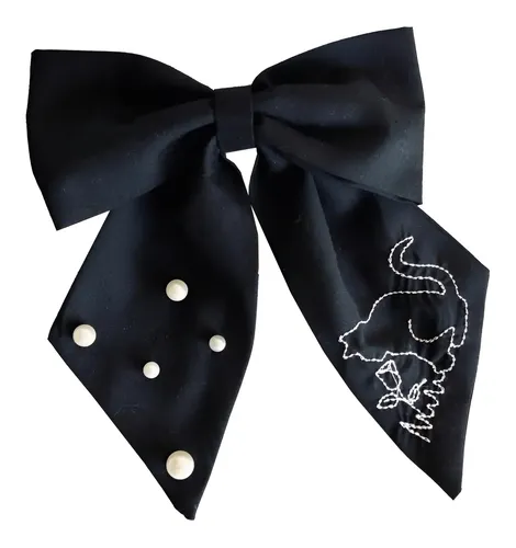 Moño Accesorio Pelo Hebilla Negro Perlas Y Gatito Bordado