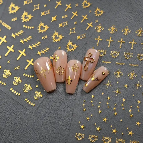 Stickers Uñas 3d Dorados Cruz Estrella Luna X6