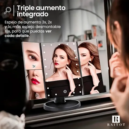 Espejo Aumento Luz Maquillaje Giratorio Tactil Touch Mesa