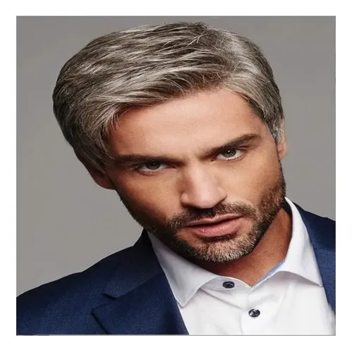 ,, Peluca De Hombre Jf Con Cabello Liso Castaño Y Gris @az