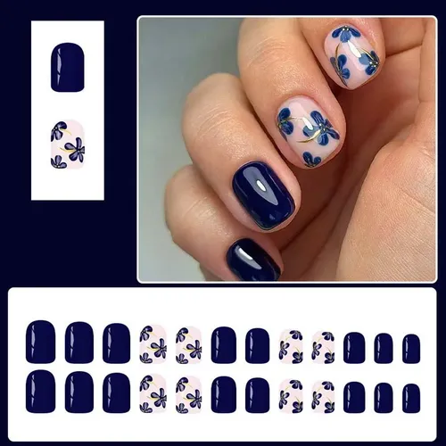 Uñas Gel X Estilo Corto Cuadrado Navy Blue Con Flores