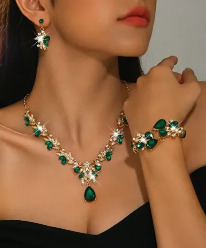 Set Corona Tiara Collar Aros Pulsera Verde Dorado Fiestas 15