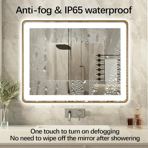 Espejo LED Rectangular Niccy para Baño con Antivaho y Marco Dorado