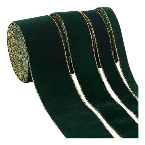 Cinta De Terciopelo De Poliéster De Una Sola Cara De 12 M, 4 Verde Azulado Solid With Metallic Gold Edge
