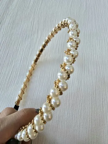 Vincha Pelo Fiesta Novia Tiara Perlas Strass Dorado Plateado Color Perlas Torzada Mostacillas Doradas