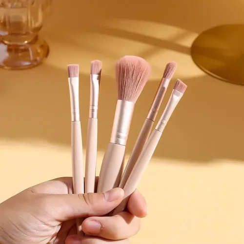 Set 5 Brochas Maquillaje Portátil Con Estuche Y es Rosa