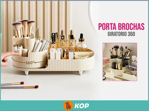 Organizador de Maquillaje con Porta Brochas Giratorio 360° en Beige