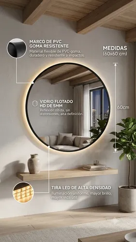 Espejo Redondo Con Luz Led 60cm Decorativo Pared Baño/living