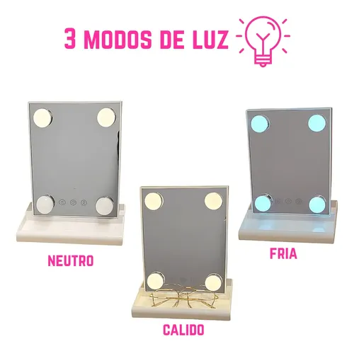 Espejo De Maquillaje Táctil Luces Led 4 Focos 3 Modos Usb