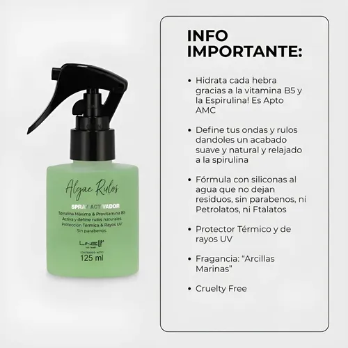 Hidratador y Formador De Rulos Y Ondas en Spray con Espirulina Máxima Hidrata y Nutre al mismo tiempo por su alto contenido Proteico, Producto Profesional, x 125Mls, LineUp
