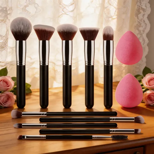 Juego De 10 Brochas De Maquillaje Y 2 Esponjas De Maquillaje