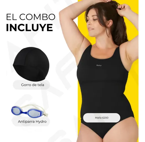 Malla Natación Talle Especial + Gorro Tela + Antiparra Safit