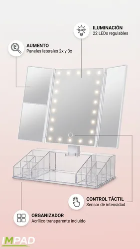 Espejo Maquillaje Led Con Organizador Aumento 2x 3x Plegable