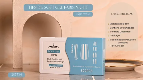 Tips Soft Gel Y Press On X500 Cuadrada Largo Paris Night Uña