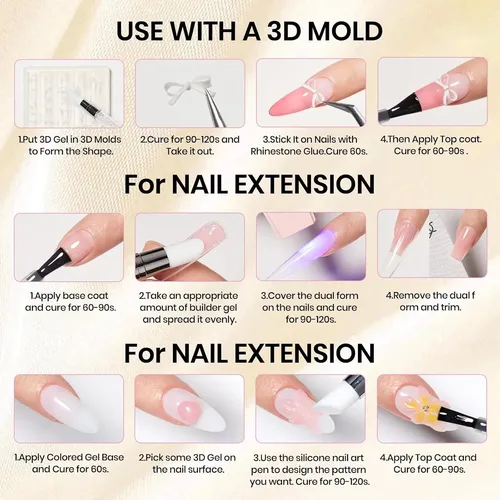 Kit Gel Uñas Transparente 3d Moldes Y Pincel Diy