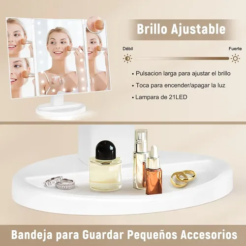 Espejo Tríptico Para Maquillaje Con Luz Led Y Aumento Usb !
