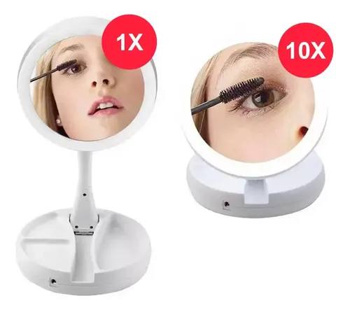 Espejo Plegable Para Maquillaje Doble Cara Con Luz Led Color Del Marco Blanco