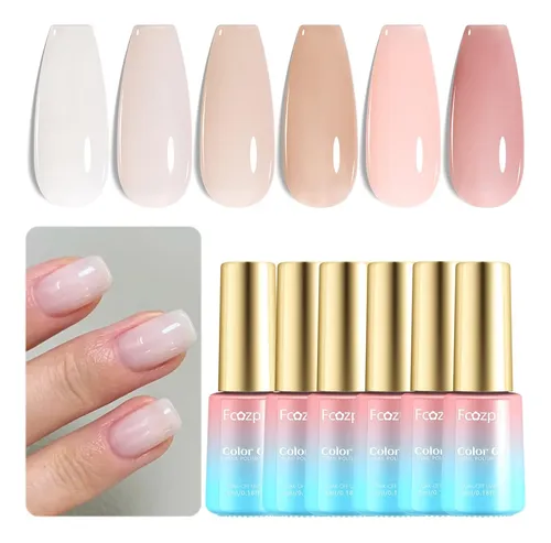 Set Esmaltes Gel 6 Colores Nude Brillo Base Y Top Coat