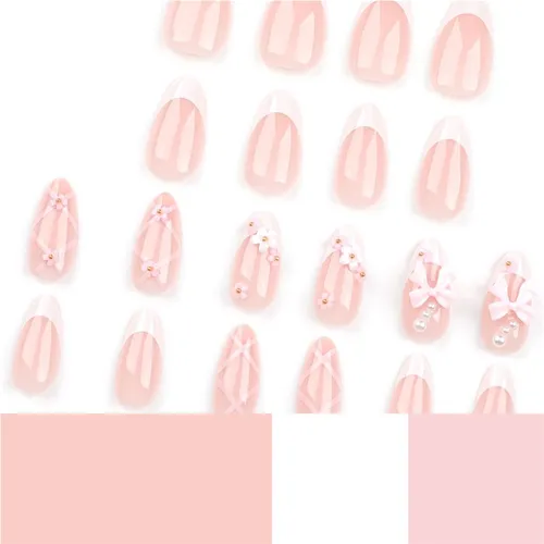 Uñas Postizas Florales Adornadas Con Un Moño Rosa.