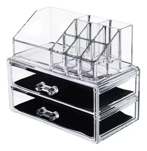 Organizador Belleza Cosméticos Soporte Acrílico 2 Cajones Color Transparente Espacio Brochas Labiales Esmaltes Perfucasa