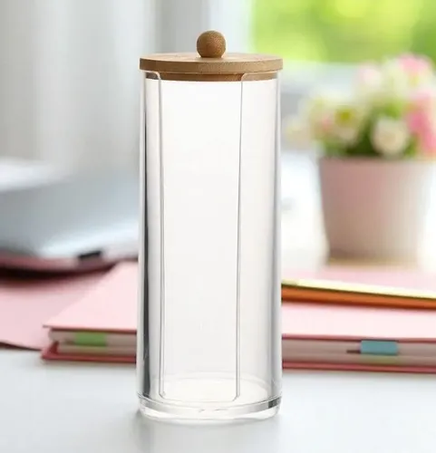 Organizador Cosméticos Maquillaje Acrílico Tapa Bambú 7x18cm