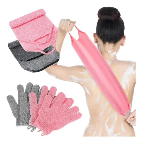Set 4 Exfoliantes Baño Rosa Y Gris Con Guantes Ducha