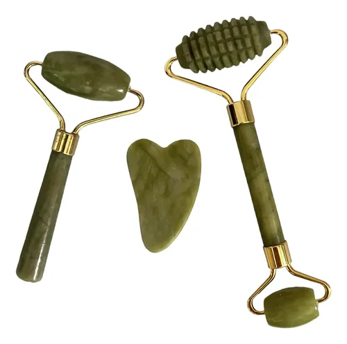 Set Masajeador Facial Jade Roller Y Gua Sha Xifeilol Verde