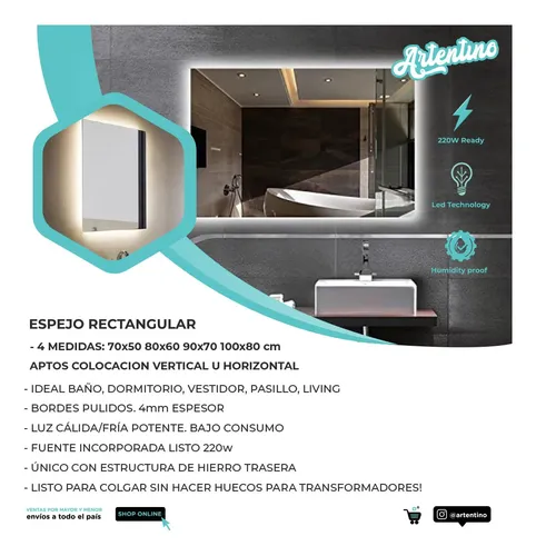 Espejo Luz Led De Pared Baño Rectangular Moderno 100×80 Cm