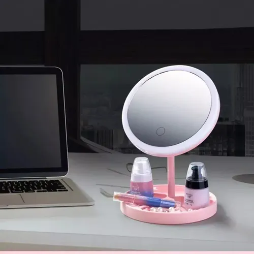 Espejo Maquillaje Portatil Tactil Con Luz Led Recargable Marco Rosa claro