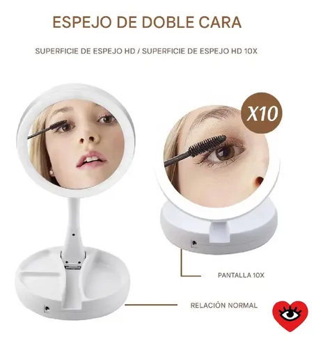 Espejo Plegable Maquillaje Zoom Usb Luz Led Doble Aumento Marco Blanco Veoquiero