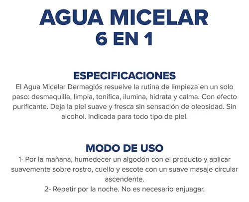 Dermaglos Agua Micelar 6 En 1 Desmaquillante X 400 Ml