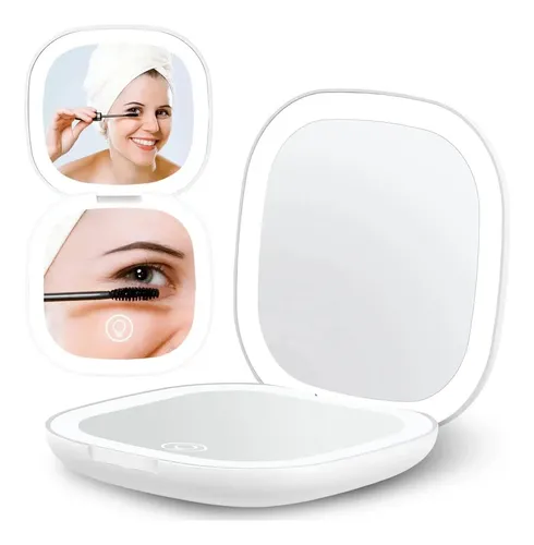 Espejo De Maquillaje De Mano Con Aumento 2x Con Luz Usb