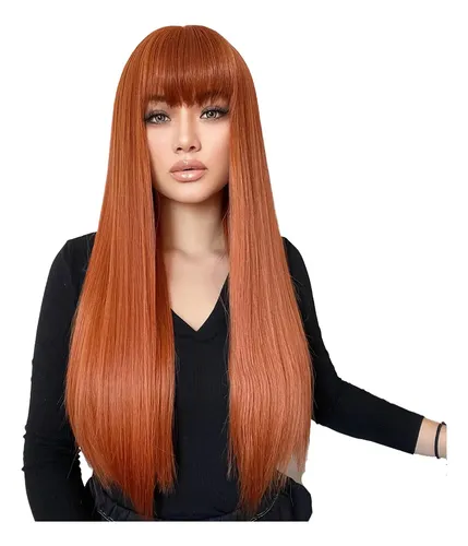 Peluca Larga Negra De Cabello Humano Con Flequillo Y Gorro D