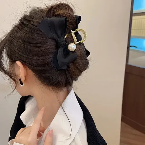 ~!accesorios Para El Cabello Bow Pearl Clip Qi Yue Black Sat