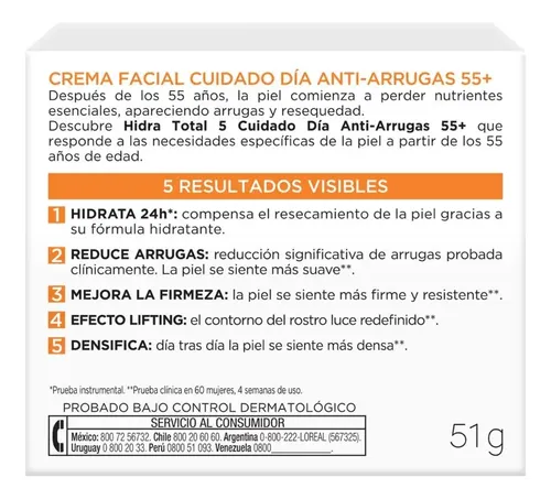 Crema Facial Día L’oreal Hidra Total 5 Anti-arrugas +55 50ml Tipo de piel Todo tipo de piel