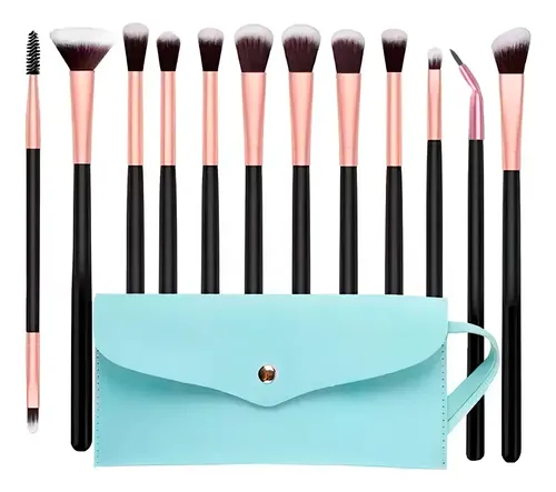 Set 12 Brochas Y Pinceles Para Maquillaje + Estuche Colores Color Celeste