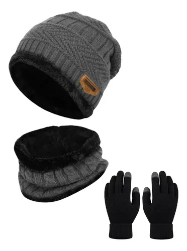 Gorro Gorro Bufanda + Kit Guantes Invierno Lana Piel Fría Gray Fix