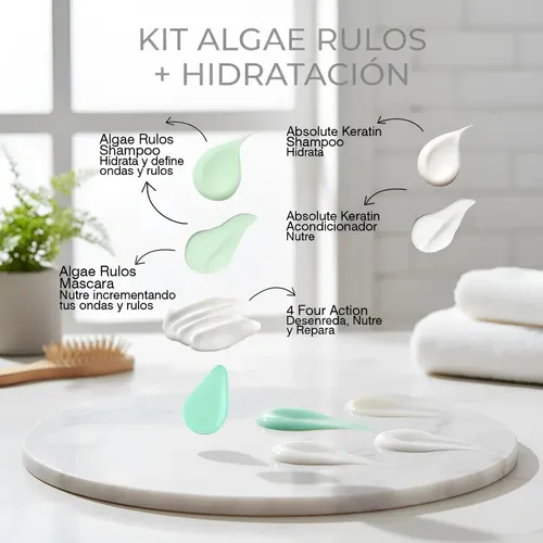 Kit Profesional Rizos Super Hidratación, Shampoo y Máscara Rizos Crema de Peinar Hidratación, reparadora y Protectora Térmica y Spray Hidratador y Formador (único AMC del Kit) de Rulos Line Up