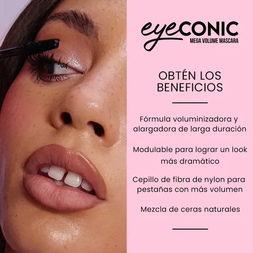 Beauty Creations – Eyeconic Rímel Máscara De Pestañas Mega Volume, Volumen Dramático Que Alarga Con Cepillo De Fibra De Nylon, Color Negro, Vegano Y Libre De Crueldad